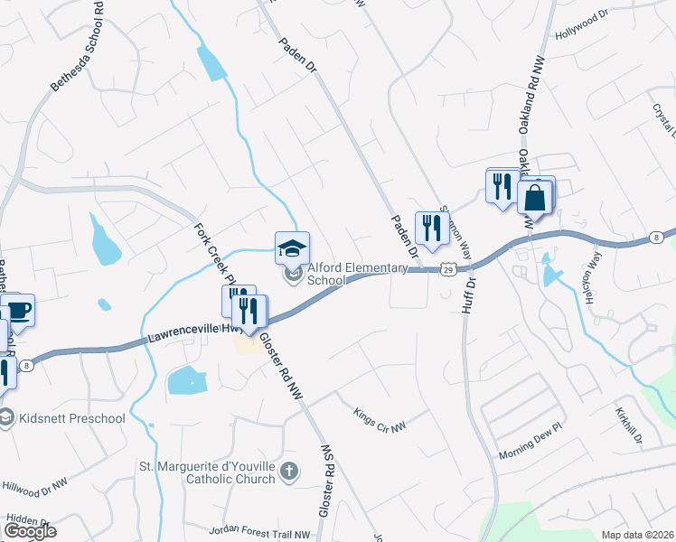 map of restaurants, bars, coffee shops, grocery stores, and more near 315 Desiree Drive Northwest in Lawrenceville