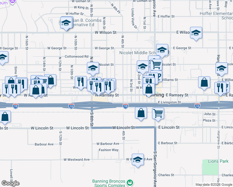 map of restaurants, bars, coffee shops, grocery stores, and more near 477 West Ramsey Street in Banning