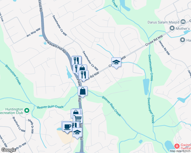 map of restaurants, bars, coffee shops, grocery stores, and more near 892 Cainbridge Drive in Lawrenceville