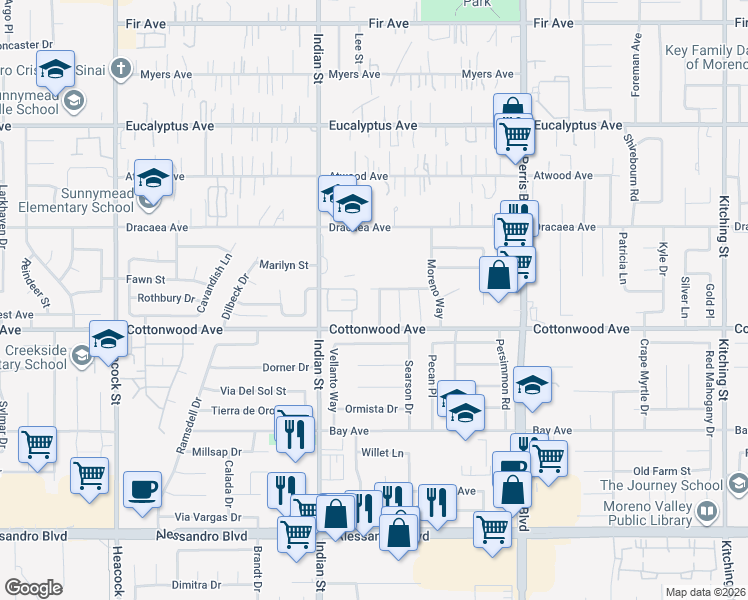 map of restaurants, bars, coffee shops, grocery stores, and more near 13427 Jo Ann Street in Moreno Valley