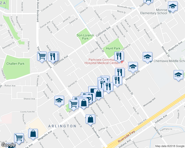 map of restaurants, bars, coffee shops, grocery stores, and more near 3967 Stotts Street in Riverside