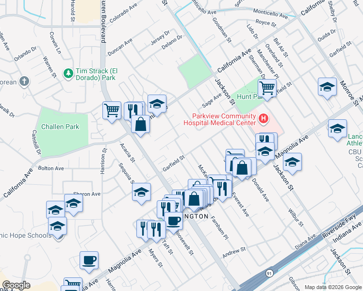 map of restaurants, bars, coffee shops, grocery stores, and more near 4031 Macarthur Road in Riverside