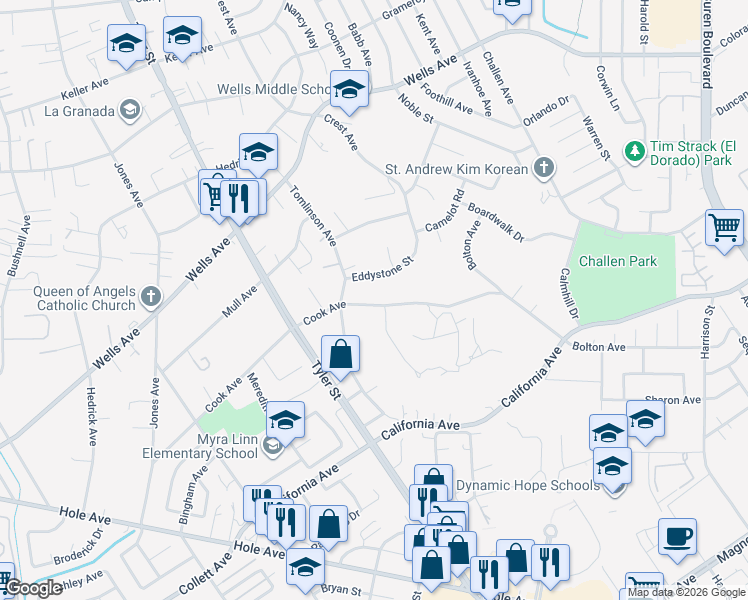 map of restaurants, bars, coffee shops, grocery stores, and more near 10121 Cook Avenue in Riverside