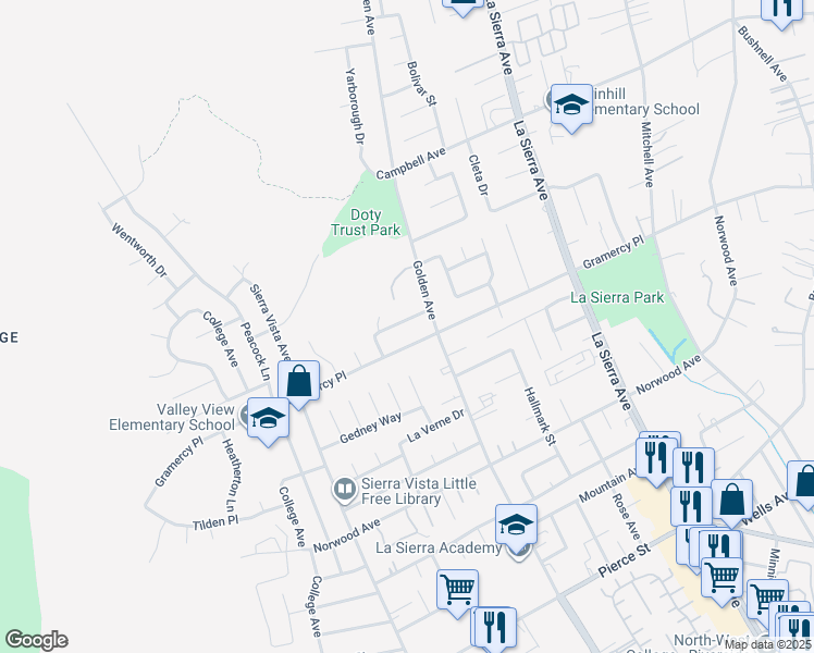 map of restaurants, bars, coffee shops, grocery stores, and more near 11327 Gramercy Place in Riverside