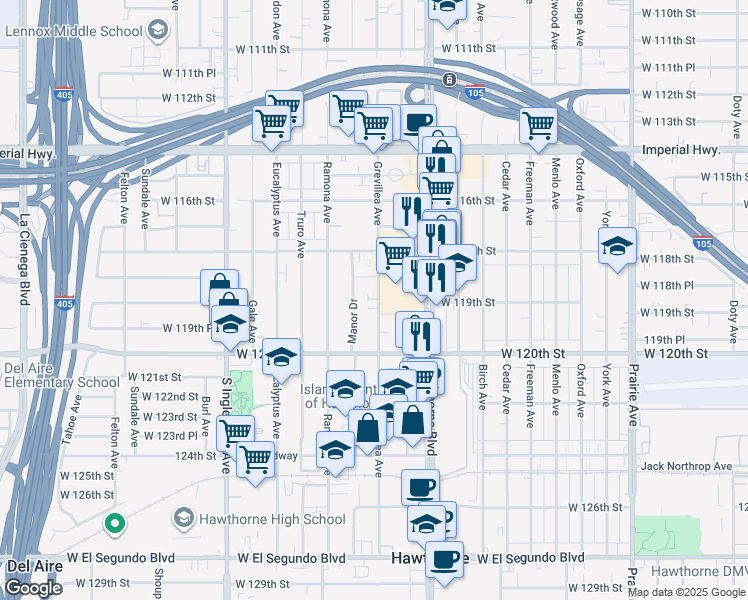 map of restaurants, bars, coffee shops, grocery stores, and more near 11924 Grevillea Avenue in Hawthorne