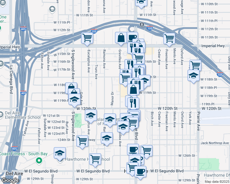 map of restaurants, bars, coffee shops, grocery stores, and more near 11895 Manor Drive in Hawthorne