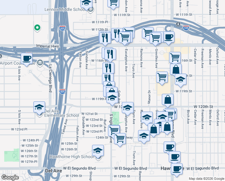map of restaurants, bars, coffee shops, grocery stores, and more near 11901 Gale Avenue in Hawthorne