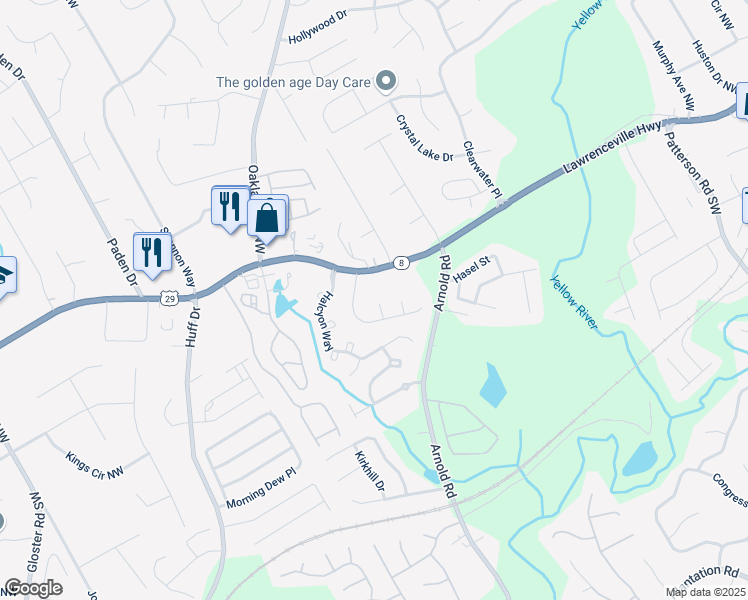 map of restaurants, bars, coffee shops, grocery stores, and more near 159 Sonya Mill Court Northwest in Lawrenceville