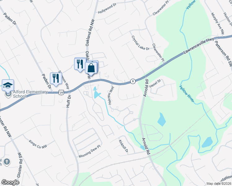 map of restaurants, bars, coffee shops, grocery stores, and more near 2530 Arnold Mill Road Northwest in Lawrenceville