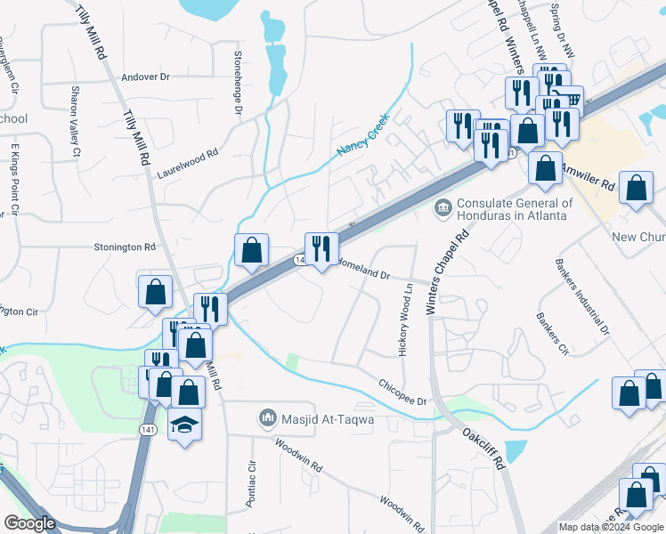 map of restaurants, bars, coffee shops, grocery stores, and more near 2765 Homeland Drive in Doraville