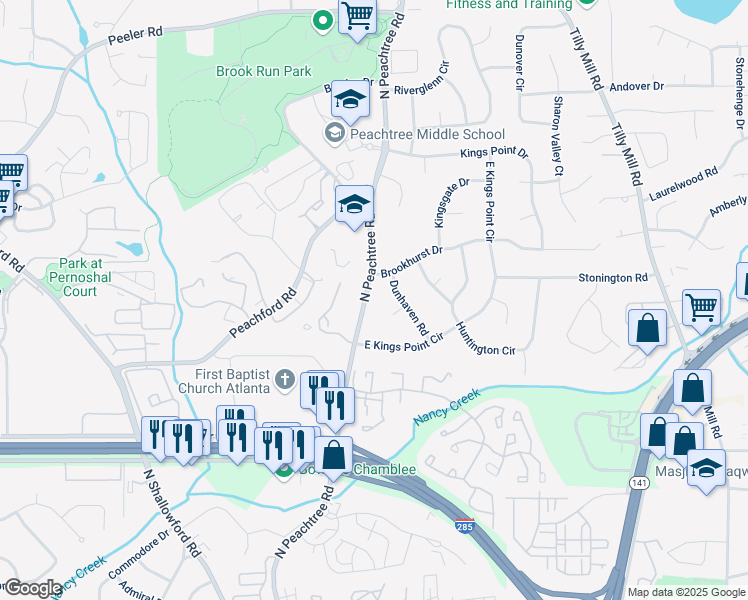 map of restaurants, bars, coffee shops, grocery stores, and more near 4507 North Peachtree Road in Dunwoody