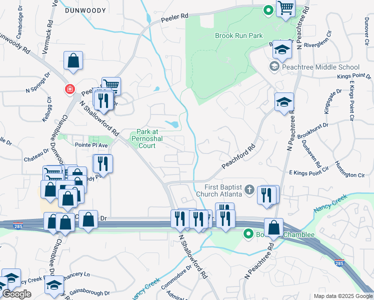 map of restaurants, bars, coffee shops, grocery stores, and more near 4505 Caroline Walk in Dunwoody