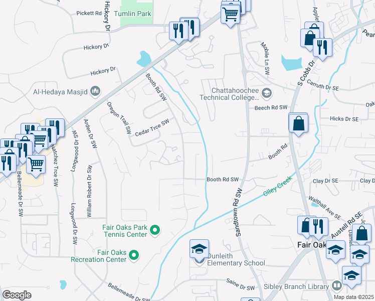 map of restaurants, bars, coffee shops, grocery stores, and more near 1158 Jill Lane Southwest in Marietta