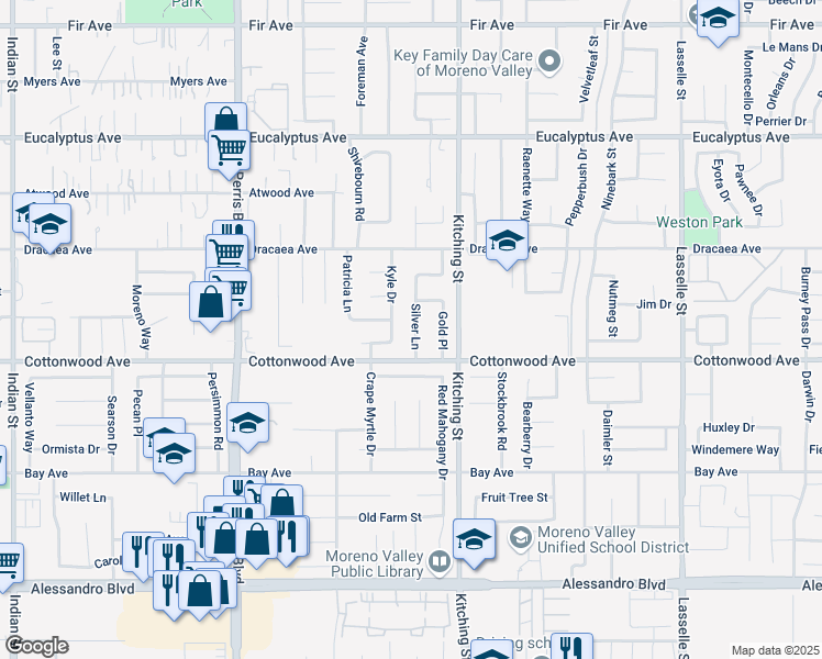 map of restaurants, bars, coffee shops, grocery stores, and more near 13443 Silver Lane in Moreno Valley