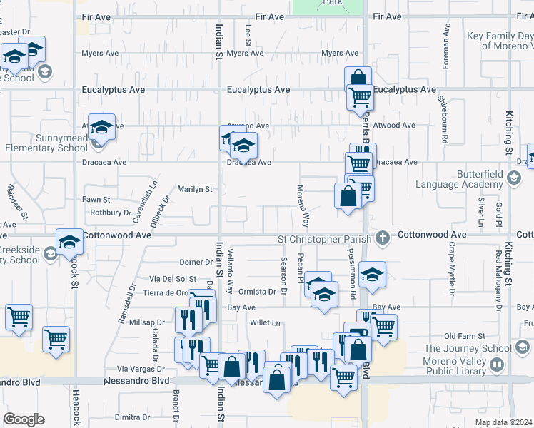 map of restaurants, bars, coffee shops, grocery stores, and more near 13428 Jo Ann Street in Moreno Valley
