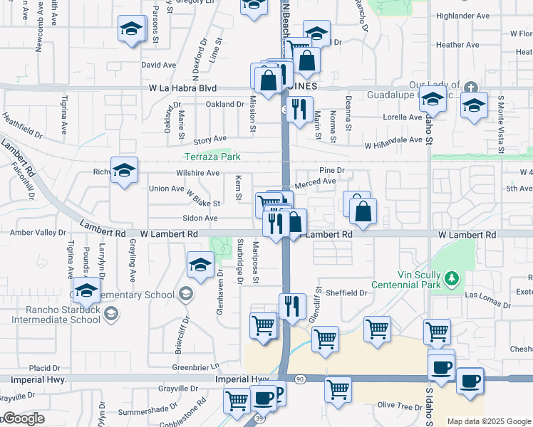 map of restaurants, bars, coffee shops, grocery stores, and more near 2101 Sidon Avenue in La Habra
