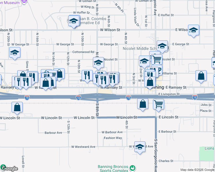 map of restaurants, bars, coffee shops, grocery stores, and more near 663 West Ramsey Street in Banning