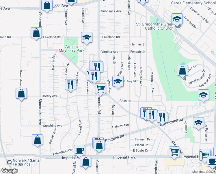 map of restaurants, bars, coffee shops, grocery stores, and more near 11603 Mina Avenue in Whittier