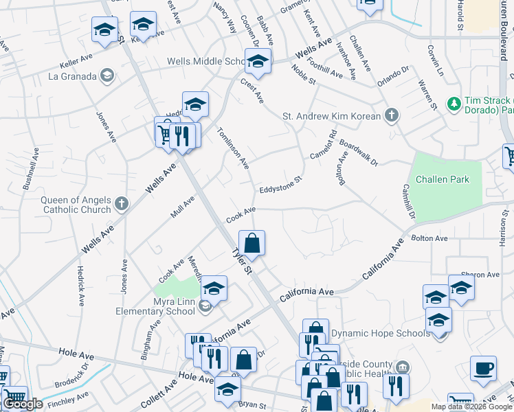 map of restaurants, bars, coffee shops, grocery stores, and more near 4605 Tomlinson Avenue in Riverside