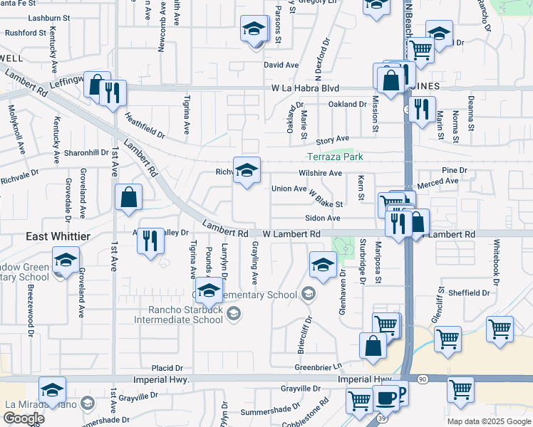 map of restaurants, bars, coffee shops, grocery stores, and more near 621 Wall Street in La Habra