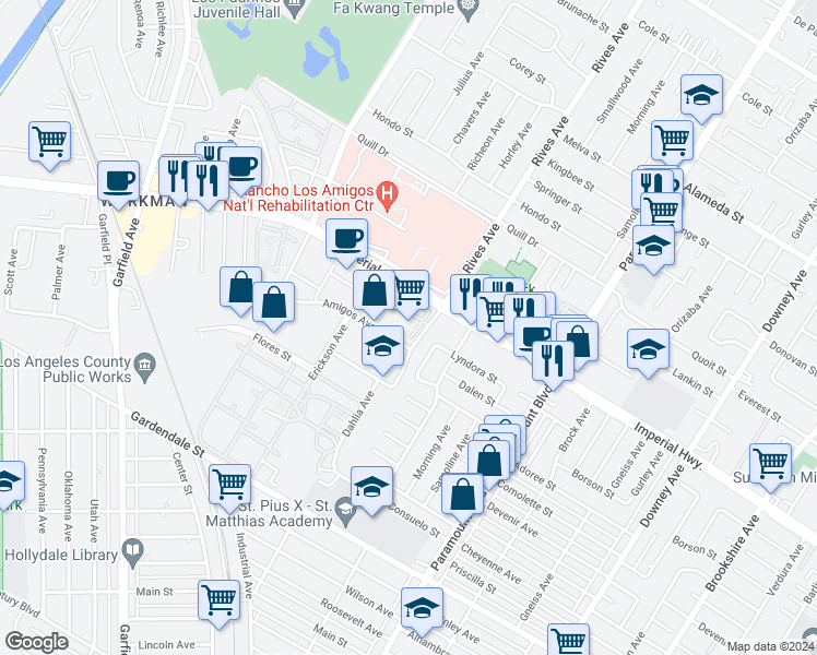 map of restaurants, bars, coffee shops, grocery stores, and more near 12707 Rives Avenue in Downey