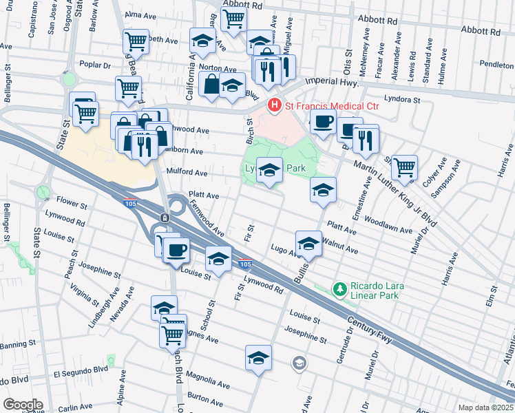 map of restaurants, bars, coffee shops, grocery stores, and more near 3630 Platt Avenue in Lynwood