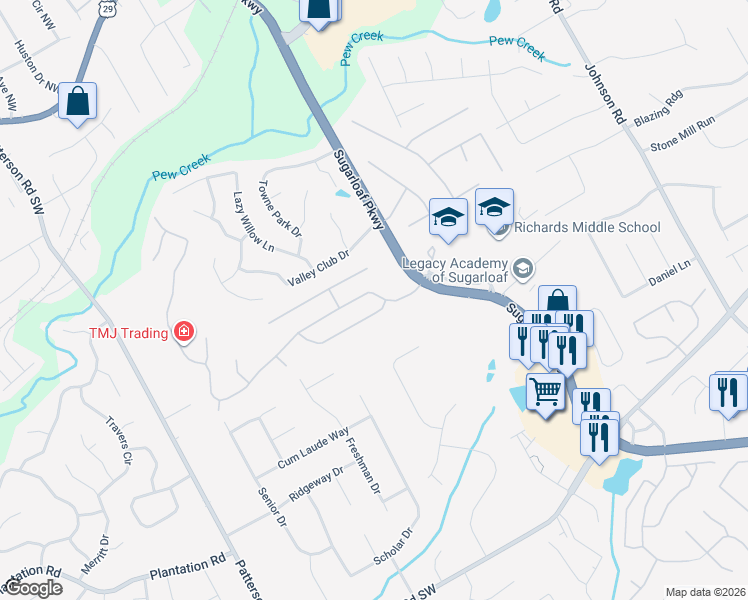 map of restaurants, bars, coffee shops, grocery stores, and more near 1584 Longmont Drive in Lawrenceville