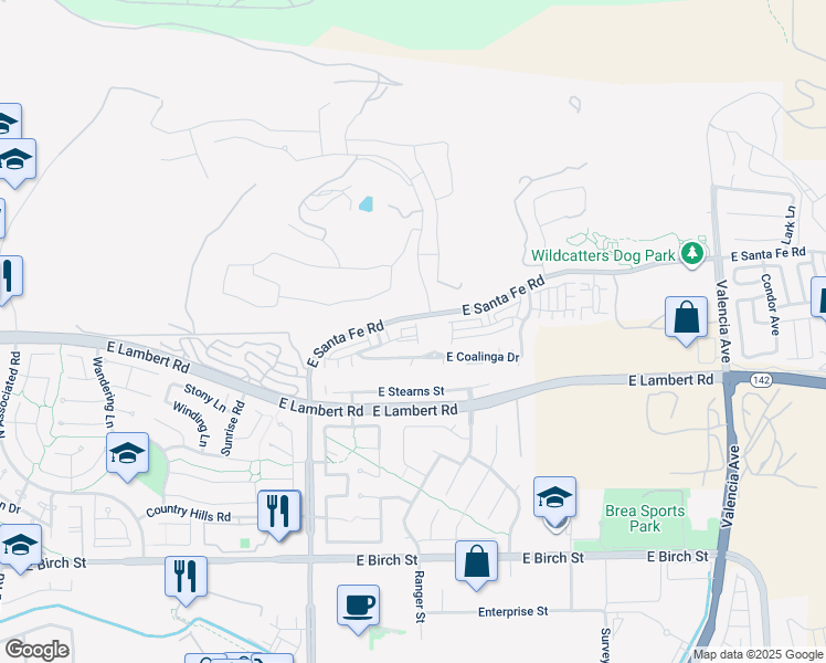 map of restaurants, bars, coffee shops, grocery stores, and more near 2839 East Pacific Court in Brea