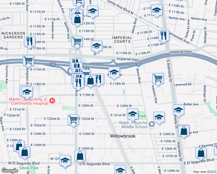 map of restaurants, bars, coffee shops, grocery stores, and more near 2118 East 118th Street in Los Angeles