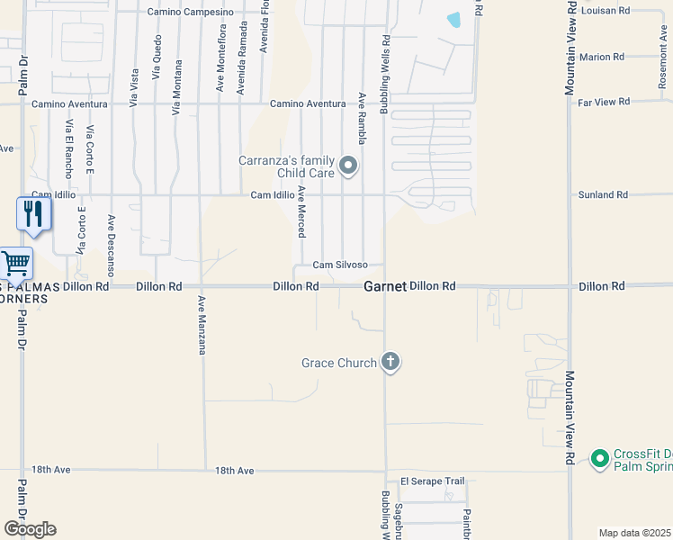 map of restaurants, bars, coffee shops, grocery stores, and more near Camino Silvoso in Desert Hot Springs