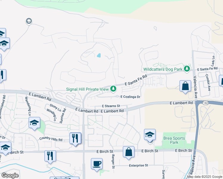 map of restaurants, bars, coffee shops, grocery stores, and more near 2839 East Pacific Court in Brea