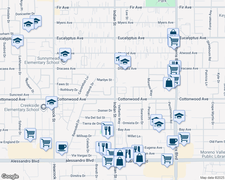 map of restaurants, bars, coffee shops, grocery stores, and more near 24573 Oneida Street in Moreno Valley