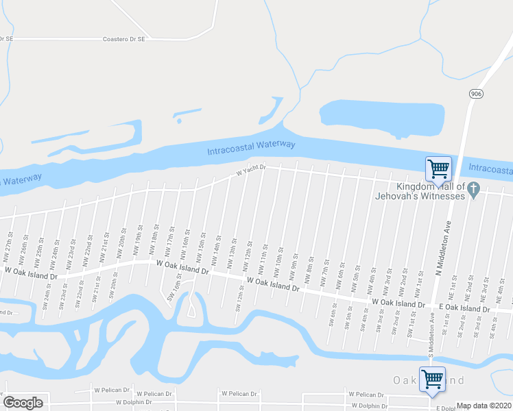 map of restaurants, bars, coffee shops, grocery stores, and more near 138 Northwest 12th Street in Oak Island