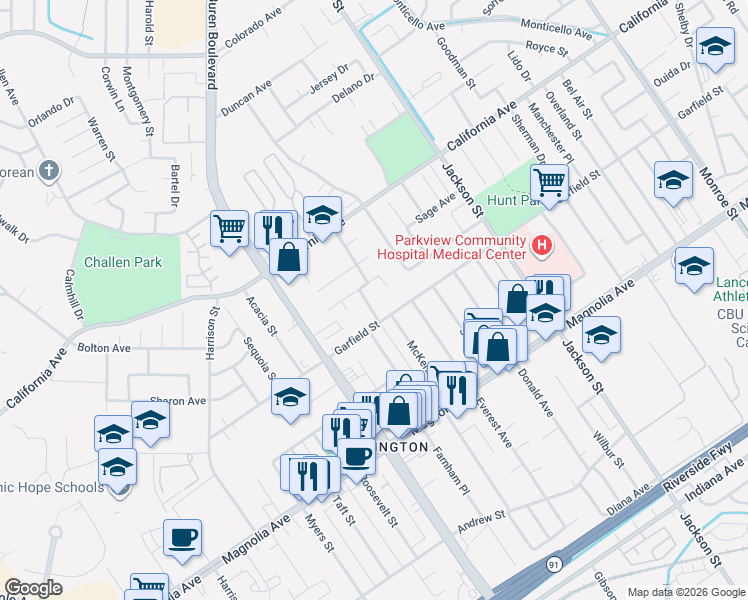 map of restaurants, bars, coffee shops, grocery stores, and more near 4041 Macarthur Road in Riverside