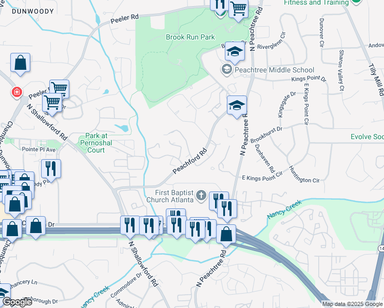 map of restaurants, bars, coffee shops, grocery stores, and more near 105 Dunbar Drive in Dunwoody
