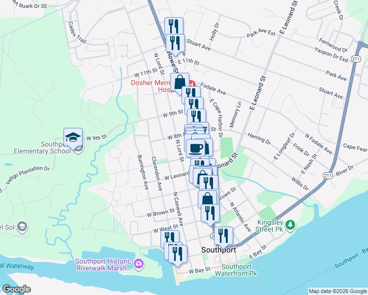 map of restaurants, bars, coffee shops, grocery stores, and more near 200 West Owens Street in Southport