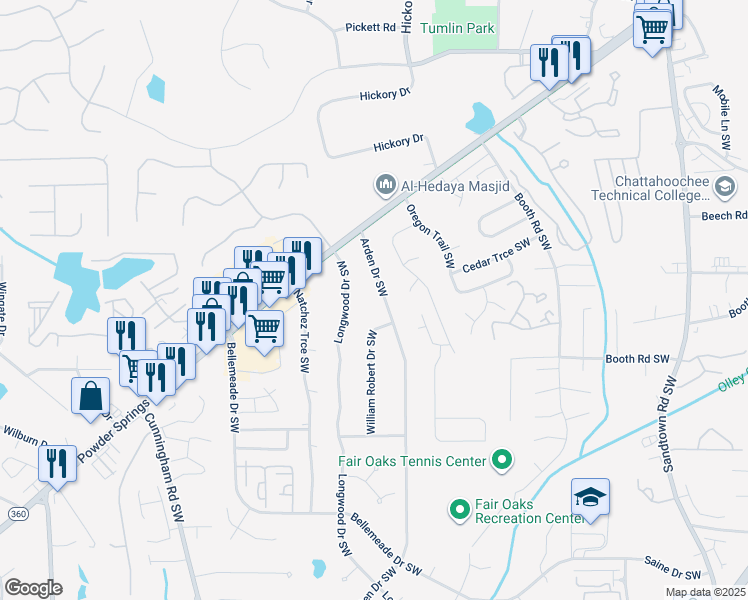 map of restaurants, bars, coffee shops, grocery stores, and more near 1116 Arden Drive Southwest in Marietta