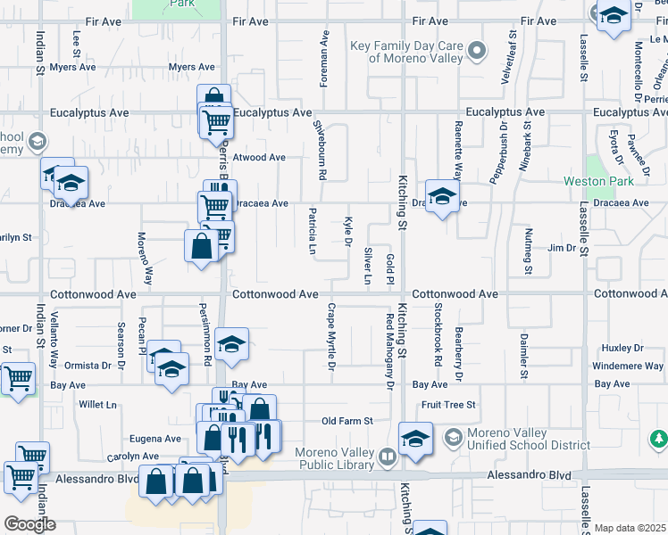 map of restaurants, bars, coffee shops, grocery stores, and more near 25299 Drake Drive in Moreno Valley