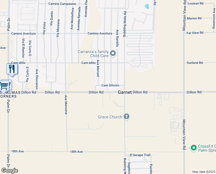 map of restaurants, bars, coffee shops, grocery stores, and more near Camino Silvoso in Desert Hot Springs