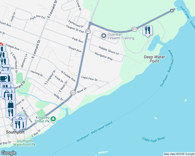 map of restaurants, bars, coffee shops, grocery stores, and more near 125 Cape Fear Drive in Southport