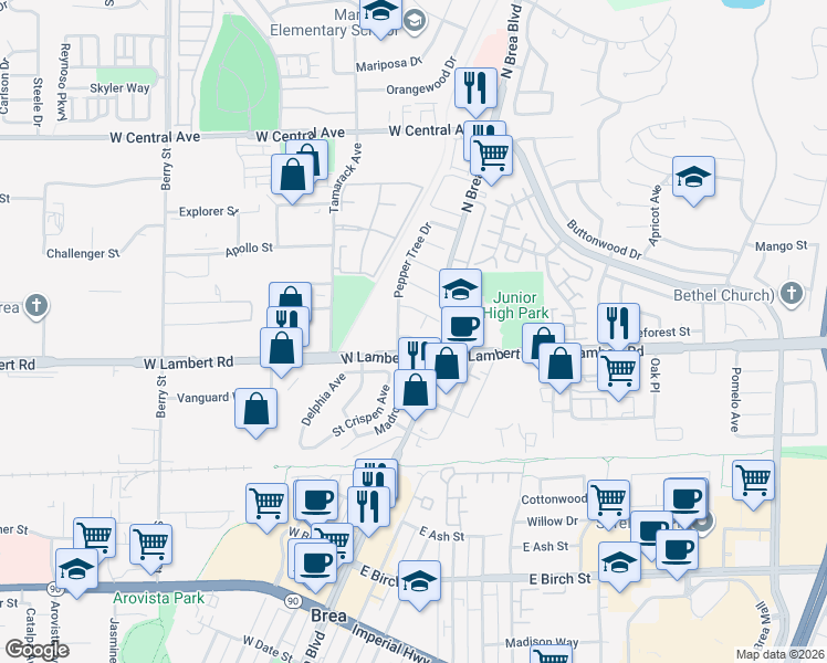 map of restaurants, bars, coffee shops, grocery stores, and more near 429 Gum Place in Brea