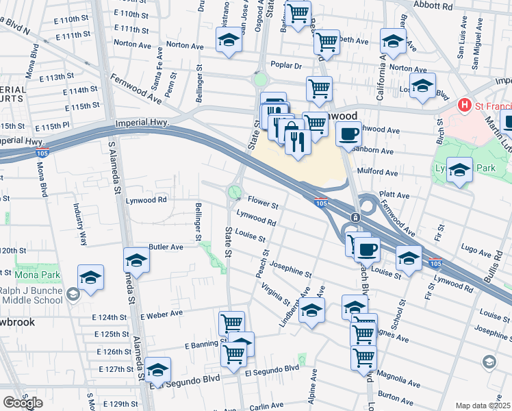 map of restaurants, bars, coffee shops, grocery stores, and more near 3134 Flower St in Lynwood