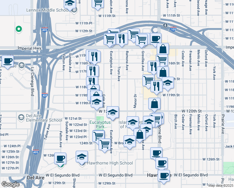 map of restaurants, bars, coffee shops, grocery stores, and more near 11904 Eucalyptus Avenue in Hawthorne