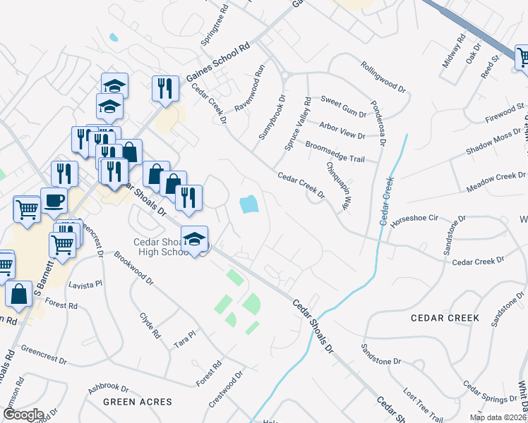 map of restaurants, bars, coffee shops, grocery stores, and more near 135 Spring Lake Drive in Athens