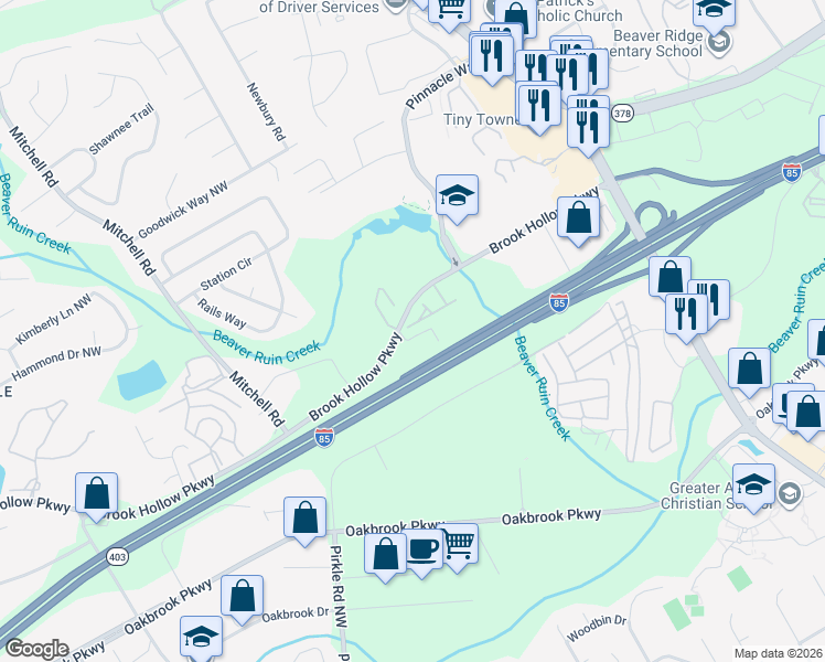 map of restaurants, bars, coffee shops, grocery stores, and more near 5342 Langston Road in Norcross