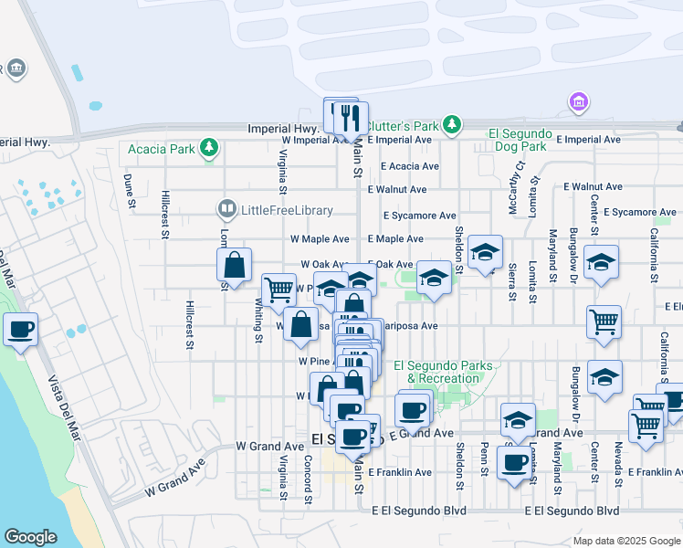 map of restaurants, bars, coffee shops, grocery stores, and more near 122 West Oak Avenue in El Segundo