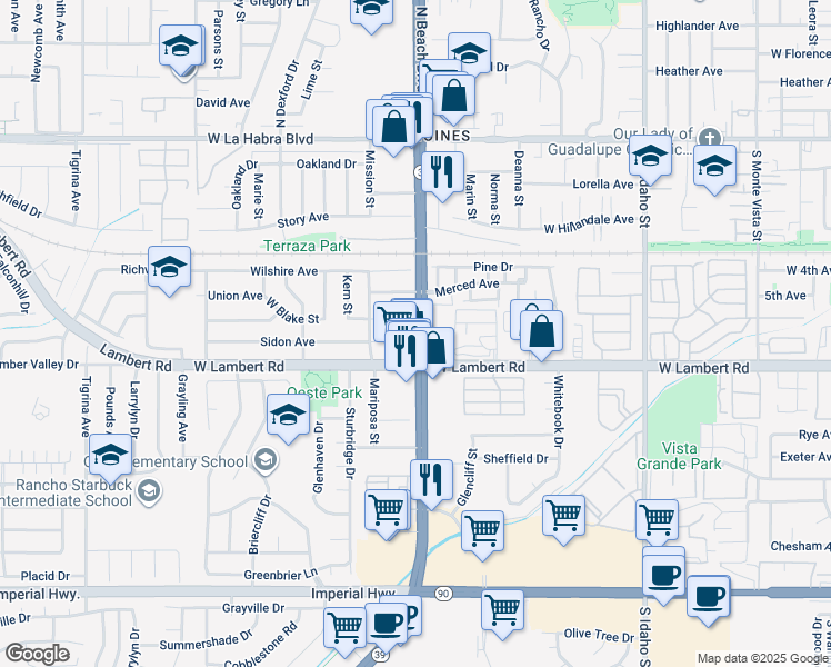 map of restaurants, bars, coffee shops, grocery stores, and more near 643 South Beach Boulevard in La Habra