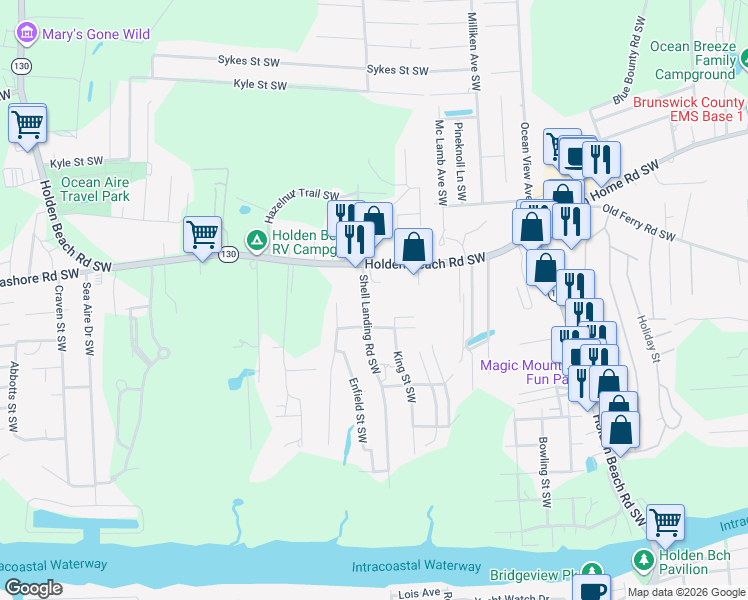 map of restaurants, bars, coffee shops, grocery stores, and more near 2836 Shell Landing Rd SW in Brunswick