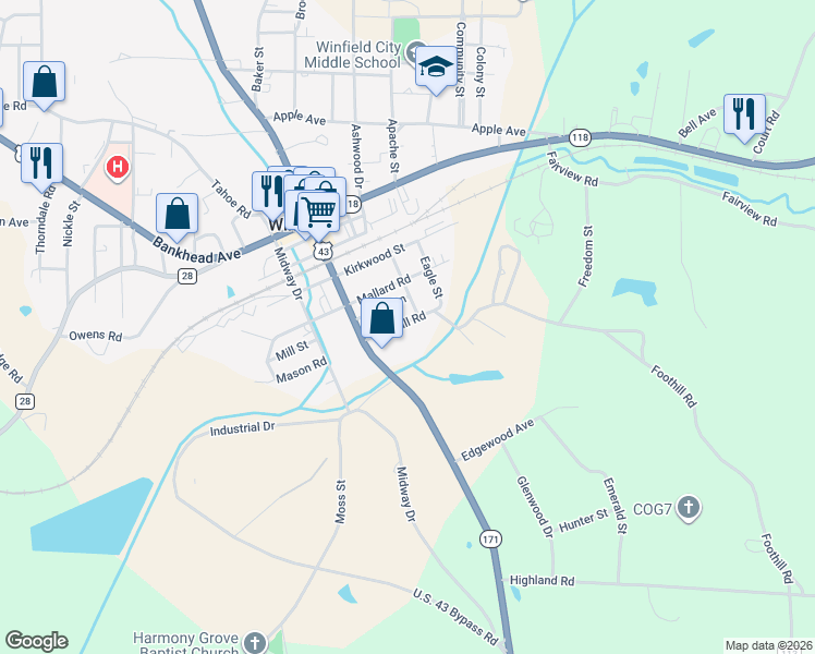 map of restaurants, bars, coffee shops, grocery stores, and more near 198 Foothill Road in Winfield