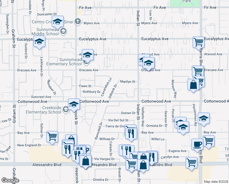 map of restaurants, bars, coffee shops, grocery stores, and more near 13408 Dilbeck Drive in Moreno Valley